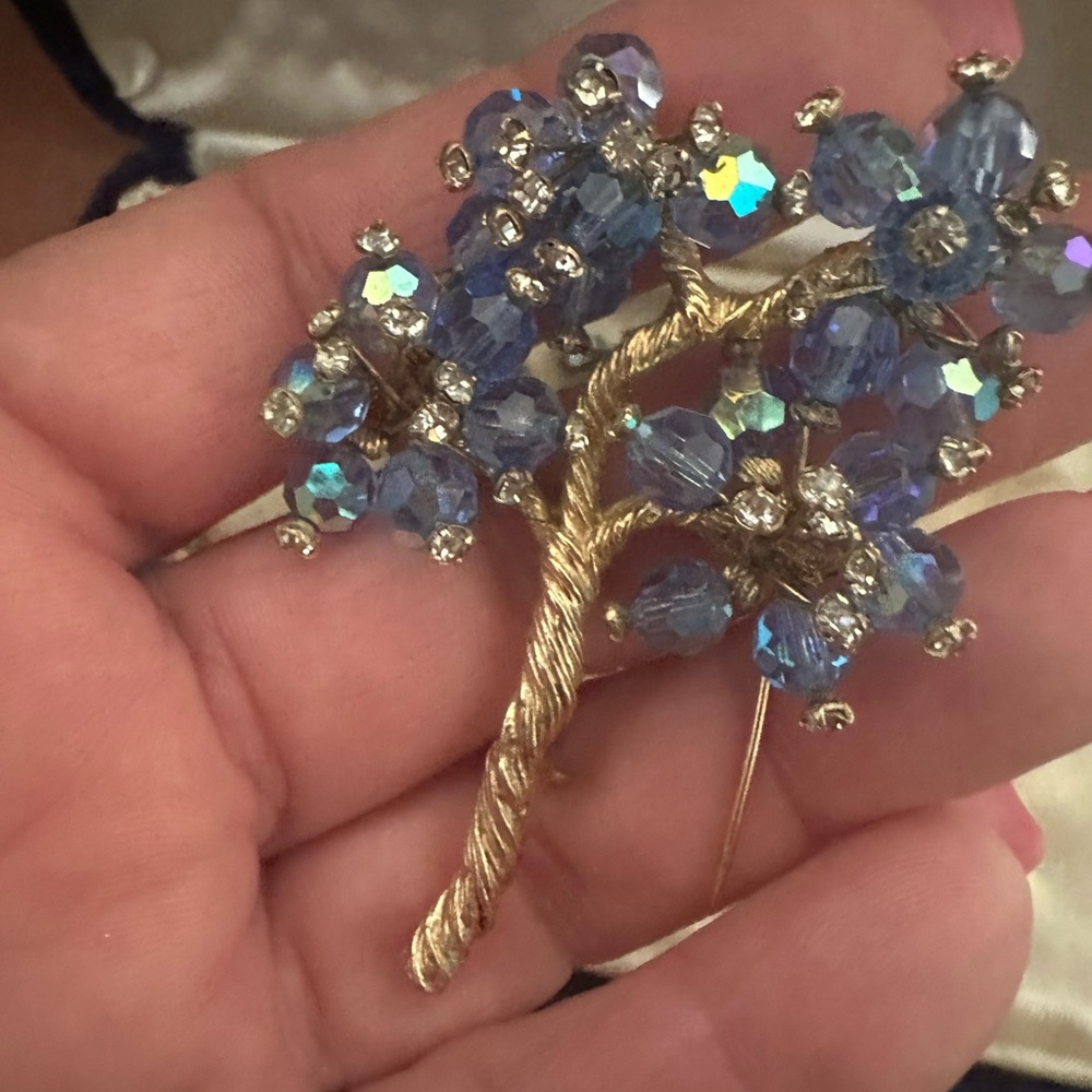 Gold-Tone Blue Crystal Floral Brooch - Women Jewelry